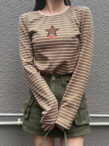 FRIFUL Camiseta casual de ajuste delgado con rayas y bordado de estrellas para mujer, otoño