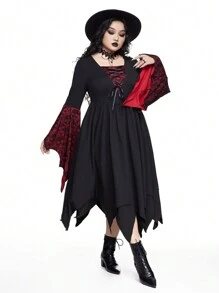 ROMWE Goth Đầm ôm body tay cánh dơi họa tiết đầu lâu Giáng sinh cỡ lớn ren màu tương phản viền bất đối xứng - màu đen - Xem 3