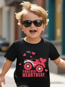 SHEIN 年轻男孩休闲汽车和心形字母印花 T 恤 - 黑色 - 查看 4