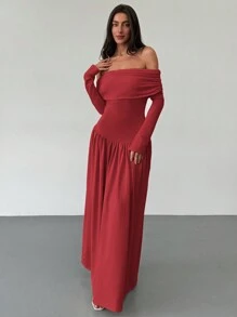 Aloruh 全新杏色露肩收腰高弹力修身 A 字长袖连衣裙，适合秋冬季，百搭红色连衣裙>袖子红色露肩 - 紅色 - 查看 4
