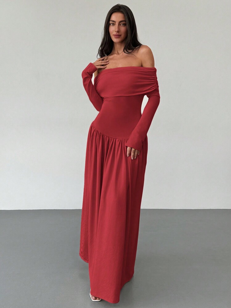 Aloruh 全新杏色露肩收腰高弹力修身 A 字长袖连衣裙，适合秋冬季，百搭红色连衣裙>袖子红色露肩 - 紅色 - 查看 4