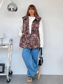 SHEIN EZwear Áo khoác trùm đầu không tay có đệm họa tiết da báo cỡ lớn, mùa thu/đông - màu nâu - Xem 7