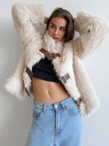 Aloruh Women Stand Collar Fitted Long Sleeve Fluffy Button Apricot Jacket, Warm For Autumn/Winter - Apricot - View 8