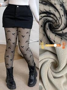 SHEIN EZwear 大码女式蝴蝶结保暖内衬时尚紧身裤，采用网眼面料，厚款，女士冬季服装 - 黑色 - 查看 2