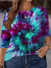 SHEIN LUNE 女式大码不对称扎染随机印花拼色长袖休闲T恤春季 - 彩色 - 查看 6