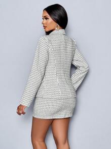Zolique Plaid Pattern Double Breasted Blazer & Skirt - White - View 2