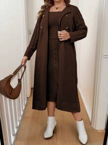 Calvaya Plus Size Casual Solid Color Long Cardigan & Sweater Dress Set, Autumn/Winter - Coffee Brown - View 1