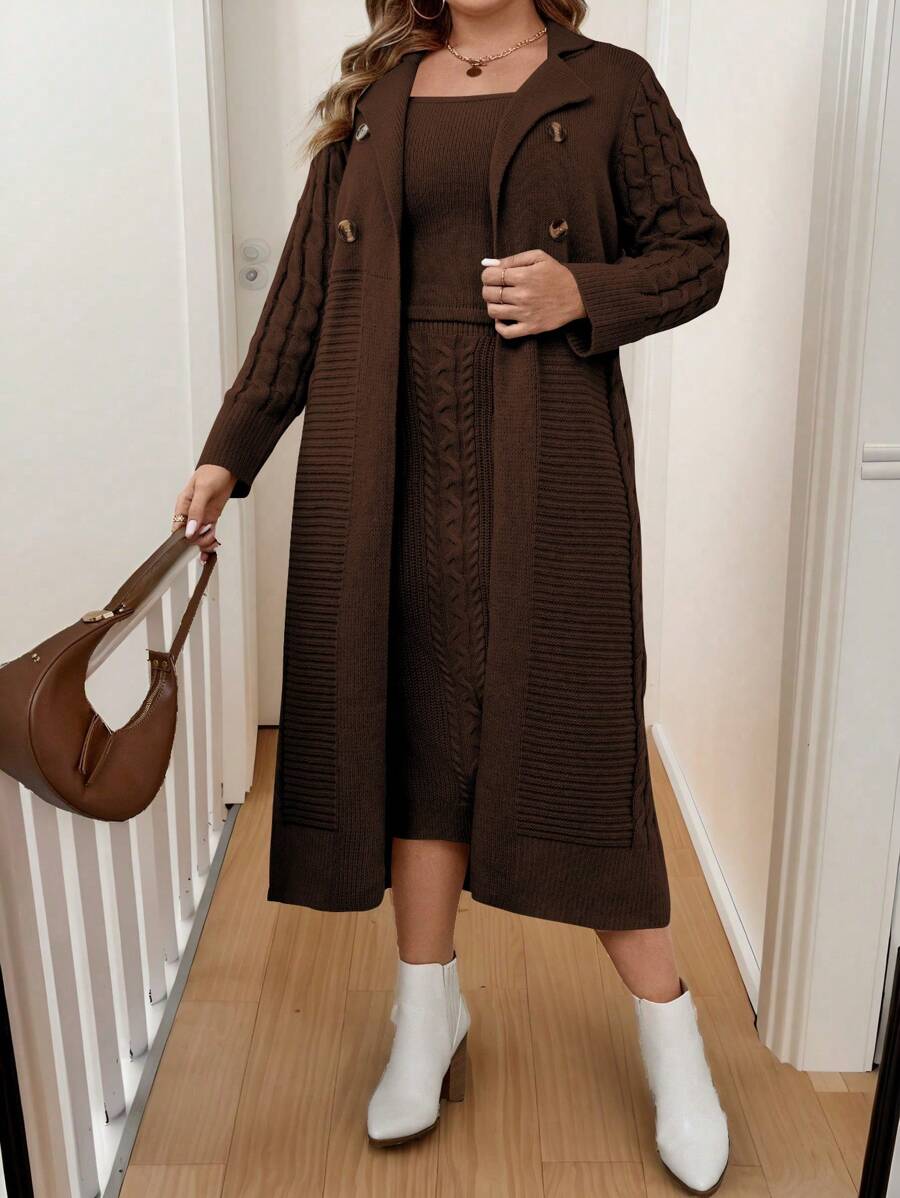 Calvaya Plus Size Casual Solid Color Long Cardigan & Sweater Dress Set, Autumn/Winter - Coffee Brown - View 1