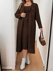 Calvaya Plus Size Casual Solid Color Long Cardigan & Sweater Dress Set, Autumn/Winter - Coffee Brown - View 4