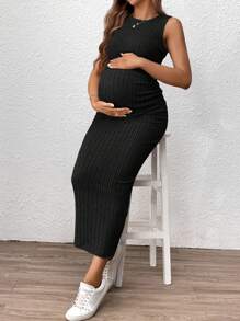 SHEIN 2 Pieces Set: Pregnant Women Plain Ribbed Crew Neck Sleeveless Top And Skirt - Black - View 6