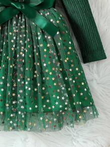 SHEIN Young Girl Knit Long Sleeve Patchwork Star Mesh Puffy Princess Dress - Green - View 7