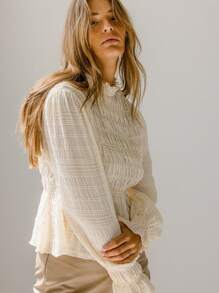 Aralina Boho Chic Shirred Textured Long Sleeve Dobby Blouse Winter Vacation Holiday Church Outfit