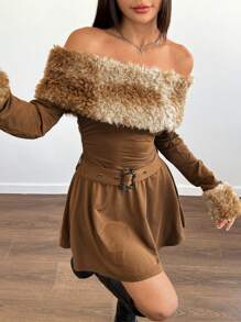 SHEIN Unity Váy trễ vai xếp ly lông cừu Teddy Gradient giản dị cho nữ (Cắt tỉa lông ngẫu nhiên) cho mùa thu/đông - Cà phê - Xem 5