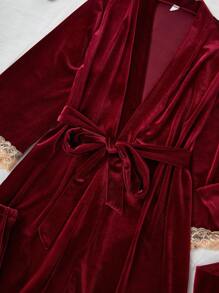 4 件套：撞色蕾丝和天鹅绒吊带背心短裤、裤子、长袍 - 酒紅色 - 查看 3