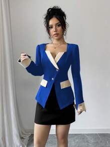 Elenzga Veste de tailleur décontracté/d'affaires à contraste de couleur et simple boutonnage pour femmes en automne