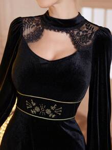 Modelyn Elegant Velvet Embroidered Dress, Winter - Black - View 2
