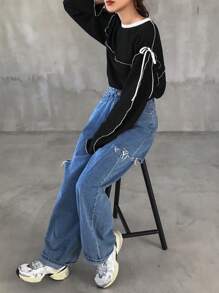 FRIFUL 女士圆领宽松撞色蝴蝶结T恤长袖女上衣，秋季女装 - 黑色 - 查看 2