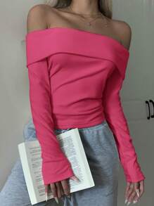 SHEIN EZwear Áo thun hở vai bó màu hồng cánh sen dành cho nữ - Màu Hồng Tươi - Xem 5