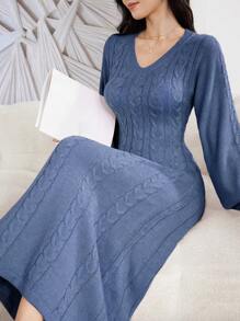 Modelyn Women's Casual Solid Color V-Neck Twist Rope Sweater Dress, Autumn/Winter - Dusty Blue - View 8