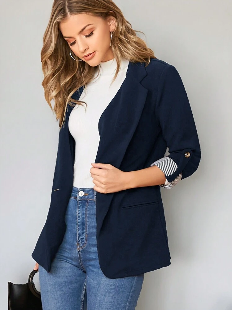 SHEIN LUNE 秋冬 カジュアル ノッチドカラー ロールタブスリーブ ブレザー - ネイビーブルー - 見る 3