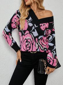 SHEIN LUNE Women Floral Printed Loose Fit V-Neck Long Sleeve Sweater, Autumn/Winter Knit Pullover Fall - Black - View 3