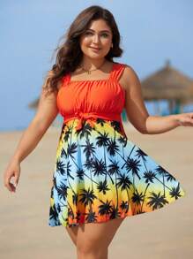 Swim Lushoire Bộ bikini in họa tiết nhiệt đới ombre cỡ lớn cho nữ, phong cách tankini cho bãi biển mùa hè - Màu Cam cháy - Xem 5