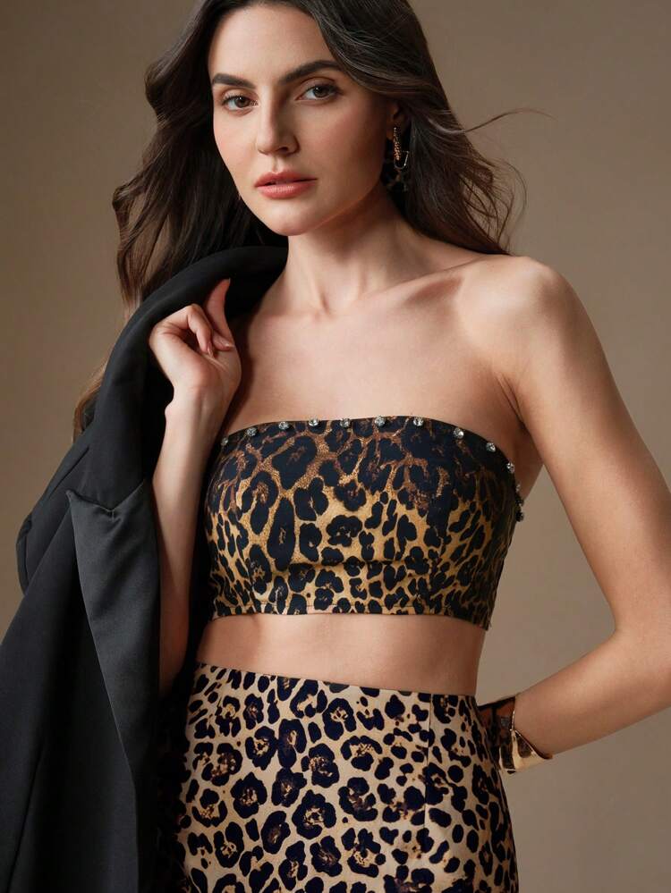 Women's Rhinestones Leopard Print Tube Top