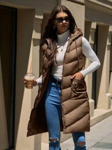 EURMUSE Sleeveless Hooded Pockets Zip-Up Long Winter Coat - Brown - View 2