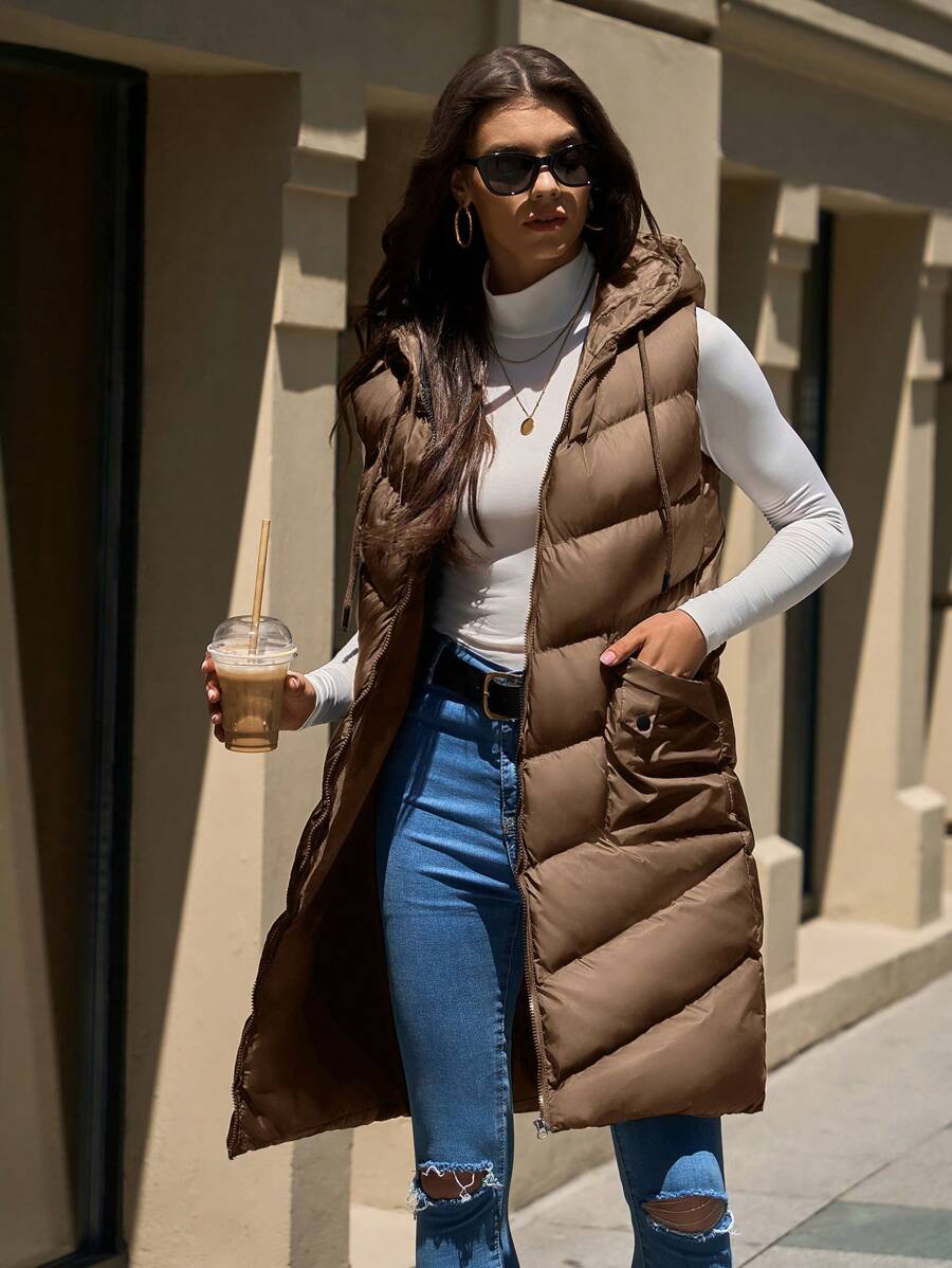 EURMUSE Sleeveless Hooded Pockets Zip-Up Long Winter Coat