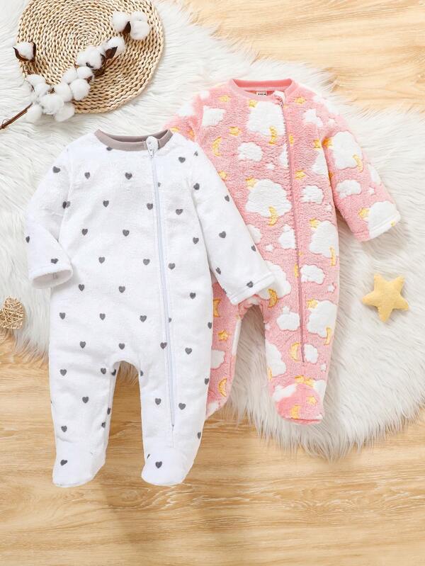 2pcs Newborn Baby Girl Cute Cartoon Polka Dot Fuzzy Long Sleeve Romper Outfit Set, Autumn/Winter