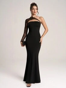 SHEIN Belle Women's Elegant Lace Patchwork Asymmetric Neckline Fishtail Formal Evening Gown, Black Long Sleeve Prom Dress, For Wedding Guest, Graduation, Dinner