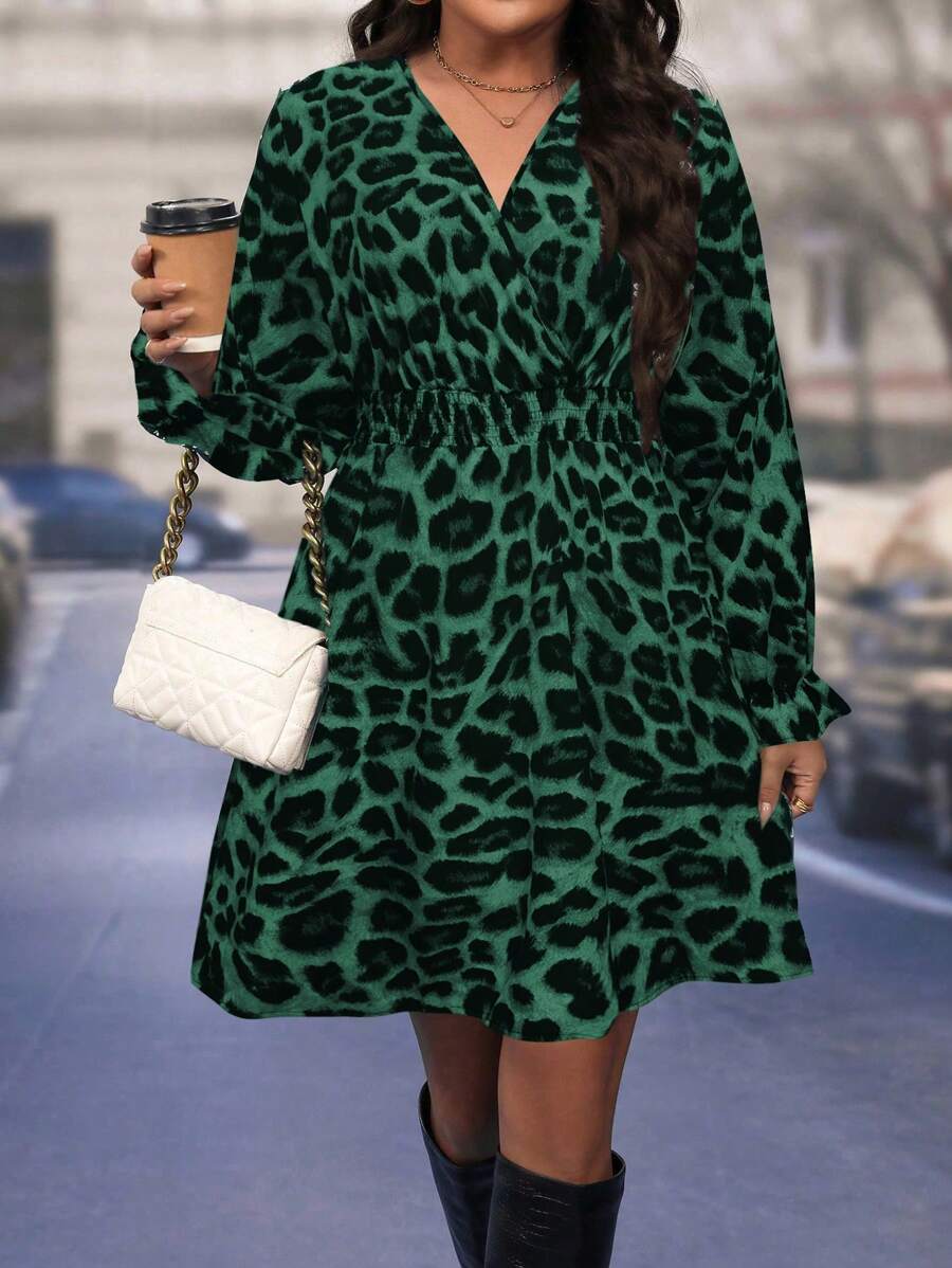 Calvaya Plus Size Shirred Leopard Print Cinched Waist Long Sleeve Dress - Green - View 1