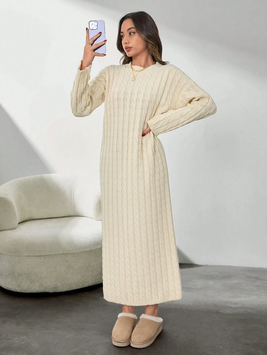 SHEIN Tall Women Solid Drop Shoulder Oversize Cable Pattern Sweater Dress - Beige - View 1