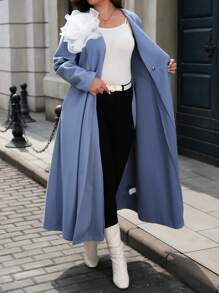 SHEIN Unity Plus Size Women Solid Color Woven V-Neck Buttoned Cinched Waist Flared Hem Floral Decor Regular Work Dress, For Winter Fall Cloth For Women