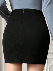DAZY 女士纯色修身铅笔裙，优雅百搭的秋季半身裙 - 黑色 - 查看 2