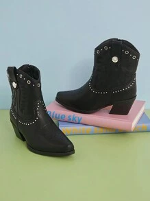 Mini mi Bestseller Kids' Black Cowboy Booties With Studded Trim And Grommet Details-Comfortable, And Versatile