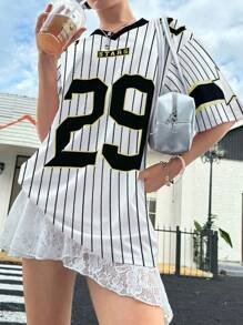 INAWLY Women's New V-Neck Casual Sports Letters And Pattern Stitching Oversized Loose Short-Sleeved Pink T-Shirt Graphic Tees Women Tops - Black - View 3