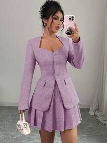 Gloray Women V-Neck Pink Fitted Blazer + Short Pleated Skirt Suit, Autumn Set