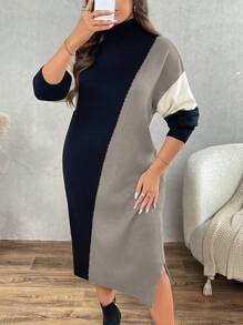 Calvaya 大码拼色高领长款毛衣连衣裙，适合冬季 - 彩色 - 查看 3