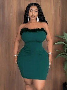 Slaydiva Elegant & Party & Gathering & Sexy & Dating & Evening Wear Women Plus Size Solid Color Sheer Strap Removable V-Neck Fuzzy Splice Mini Dress, Spring/Summer