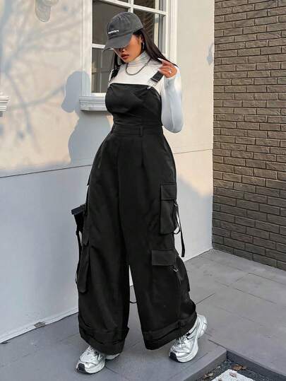 POPSWAY Adjustable Shoulder Strap Plus Size Gray Straight Leg Jumpsuit