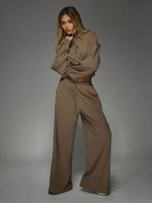 MISSGUIDED Ribbed Wide Leg Jogger Pants With Side Pockets Drawstring Waist Athleisure Lounge Wear Fall Winter Palazzo Style Comfort Pants