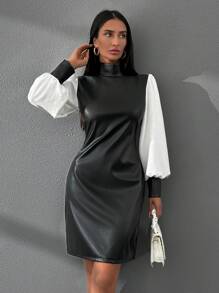 EURMUSE WOMAN BLACK LEATHER MINI DRESS WITH WHITE SLEEVES - Black - View 5