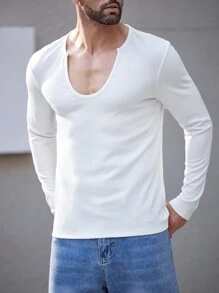 Manfinity Homme Men Solid Color Round Neck Long Sleeve Plain T-Shirt, Casual And Fashionable For Everyday Wear, For Gym