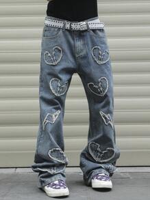 Manfinity EMRG Jeans holgados rectos casuales con bolsillo con diseño de corazón deshilachado para hombre