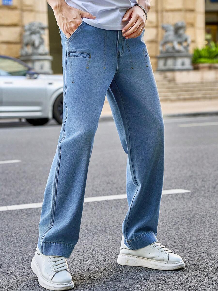 Manfinity Homme Men's Straight Leg Casual Fashion Street Style Denim Baggy Jeans - Blue - View 1