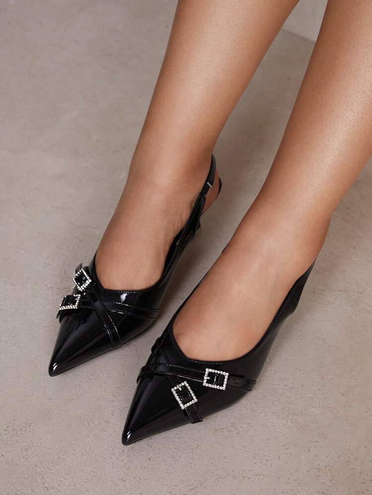 CUCCOO CURVES Wide Width High Heel Pointed Toe Elegant Black Satin Back Strap Year-Round Sandals New Year Holiday Valentines
