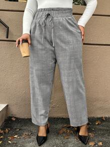 SHEIN VCAY Plus Size Women Vintage Plaid Print Tie-Front Loose Straight Leg Pants