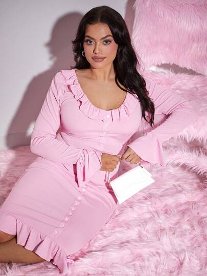 SHEIN SXY Plus Size Women's Minimalist Sexy V-Neck Ruffle Trim Pearl Button Decor Fitted Long Sleeve Dress, Suitable For Sexy Siren Coquettish, Date Night, Birthday, Bachelorette Party Outfit, Cute, Casual, Shopping, Streetwear, Going Out, Easy To Match & Looks Slim, Accent Your Body, Flatter The Figure