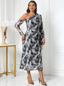 SHEIN Clasi Curvy Plus Size Women's Off Shoulder Off Shoulder Printed Asymmetric Collar Long Sleeve Elegant Fashion Long Dress For Autumn And Winter, Guest Party Party Dress, Going Out,Holiday Party Dress - Dark Grey - View 1